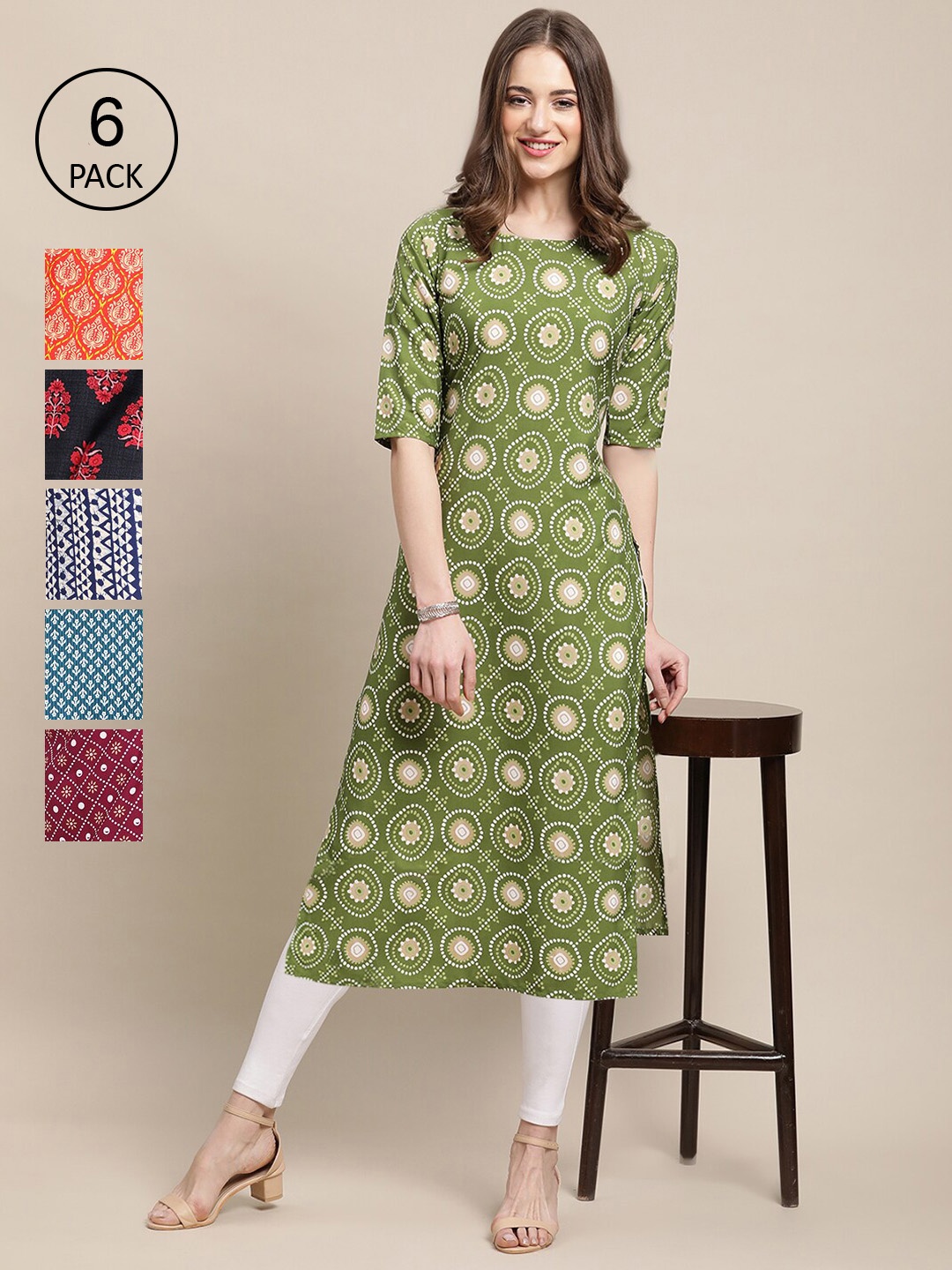 

Ethnic basket Women Pack of 6 Ethnic Motifs Printed Crepe Kurta, Multi
