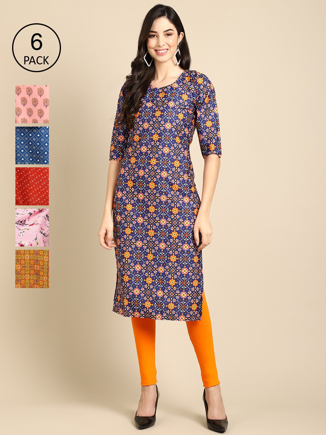 

Ethnic basket Women Pack of 6 Ethnic Motifs Printed Crepe Kurta, Multi