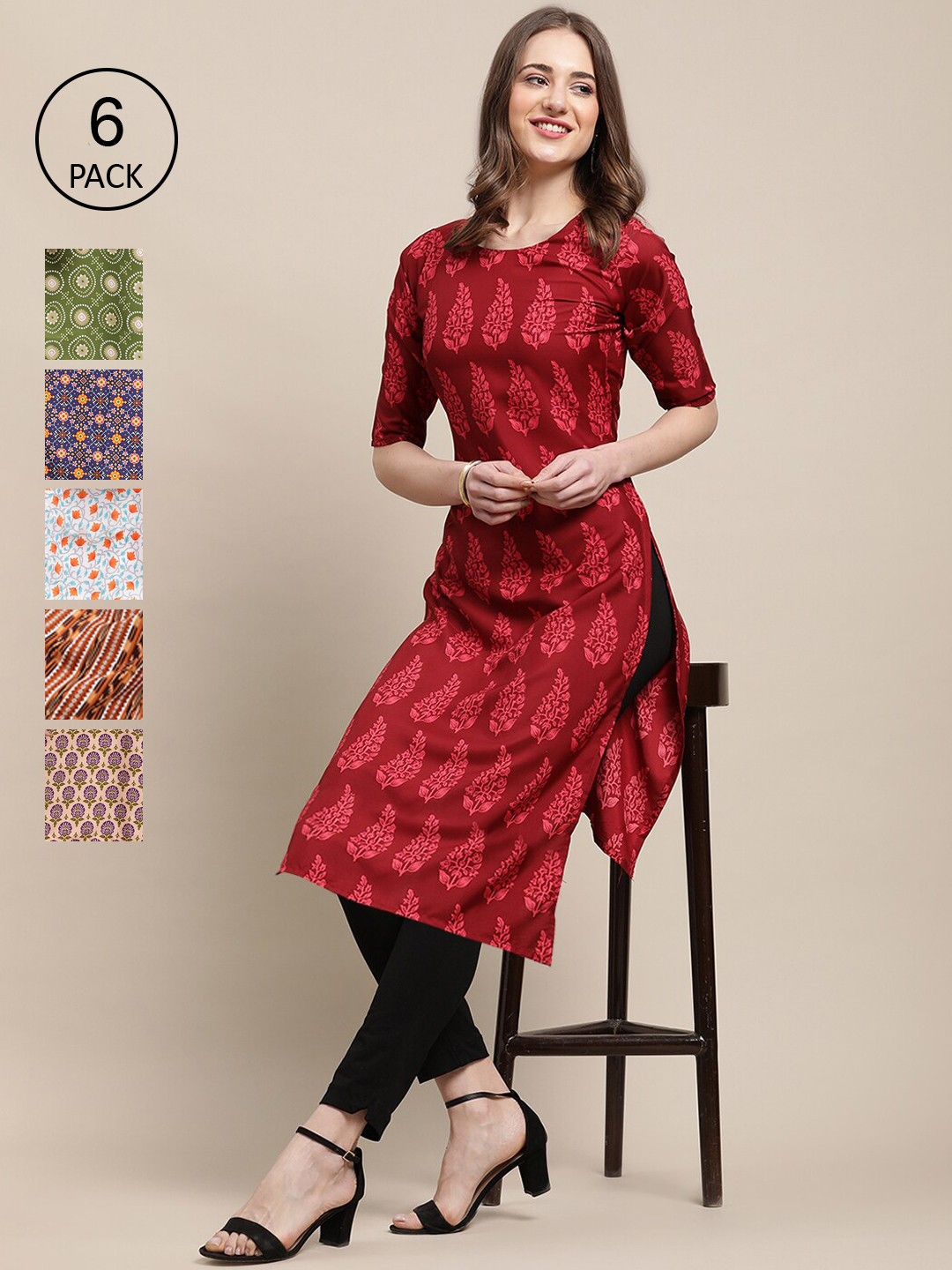 Ethnic basket Women Pack Of 6 Ethnic Motifs Printed Block Print Crepe Kurta, Multi