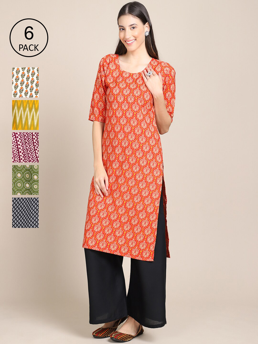 

Ethnic basket Women Pack Of 6 Geometric Printed Block Print Crepe Kurta, Multi