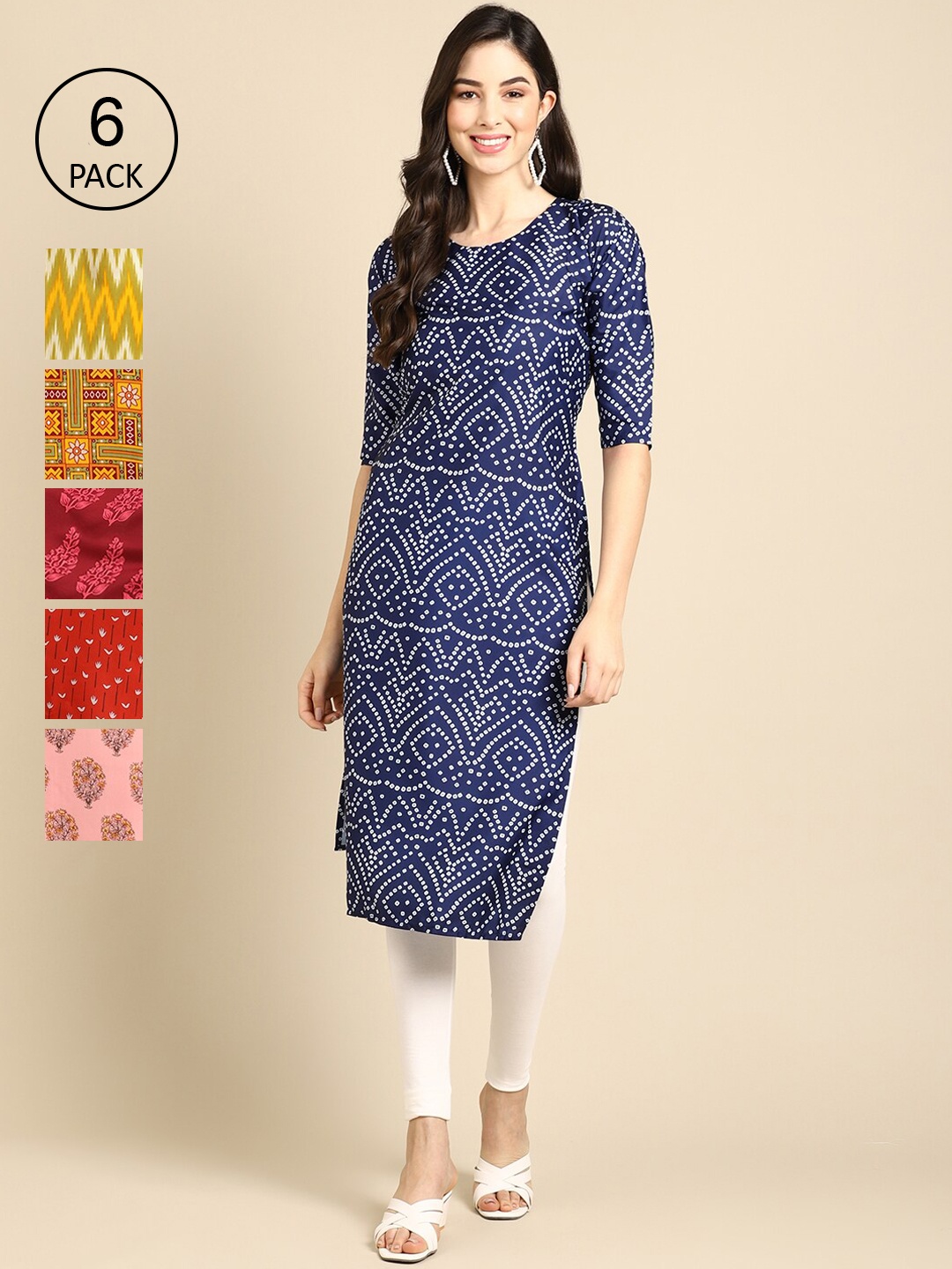 

Ethnic basket Women Pack of 6 Digital Printed Crepe Straight Kurtas, Blue