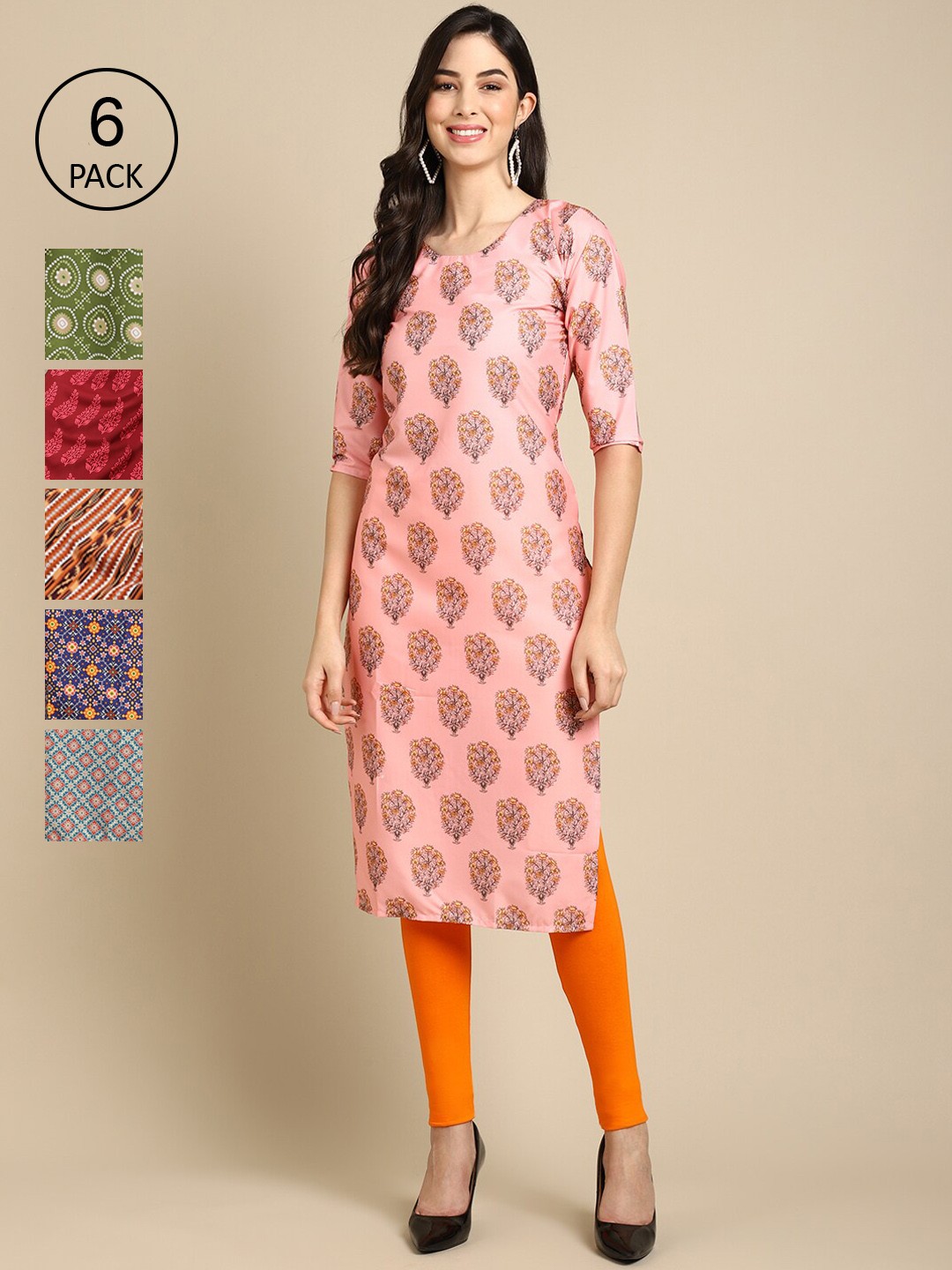 

Ethnic basket Women Pack Of 6 Printed Summer Sheers Crepe Kurta, Blue