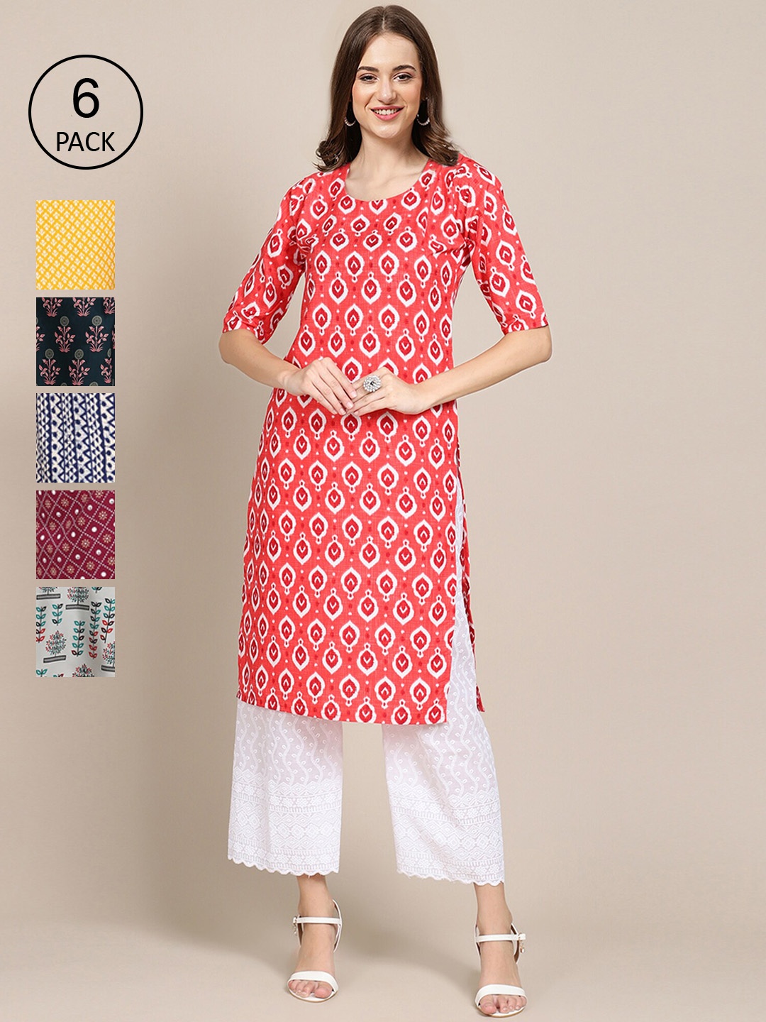 

Ethnic basket Women Pack of 6 Geometric Printed Crepe Kurta, Yellow