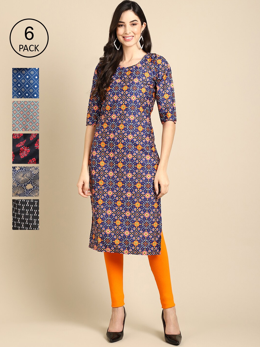

Ethnic basket Women Multicoloured Pack Of 6 Geometric Printed Crepe Kurta, Multi