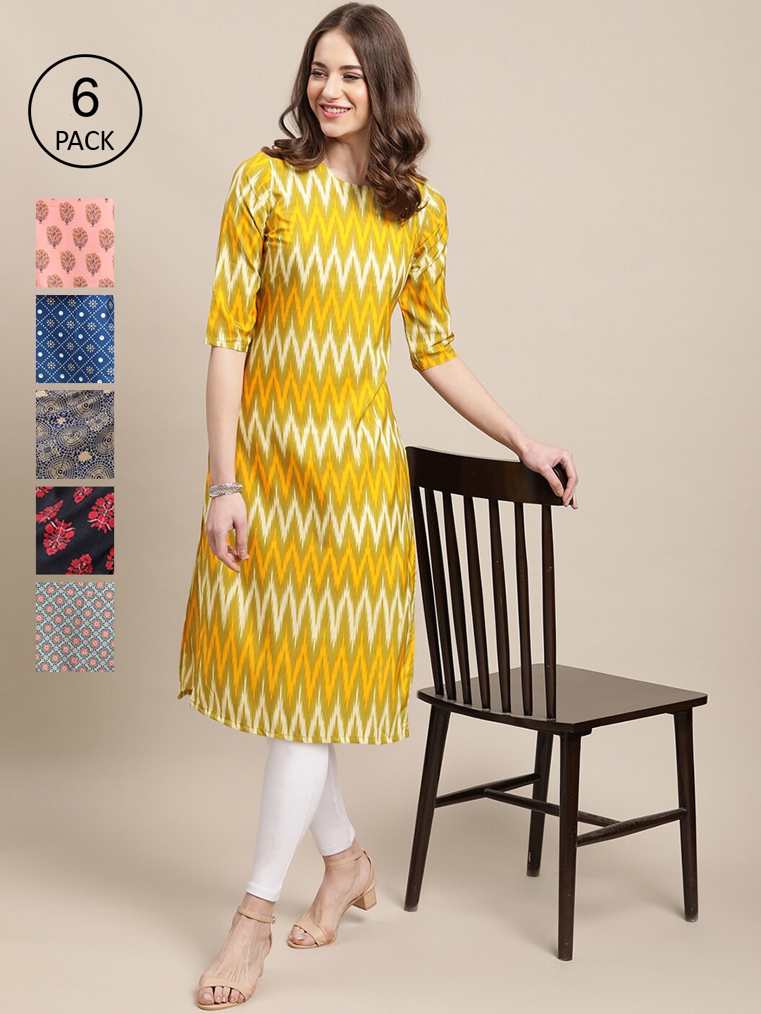

Ethnic basket Women Multicoloured Pack Of 6 Geometric Printed Crepe Kurta, Multi