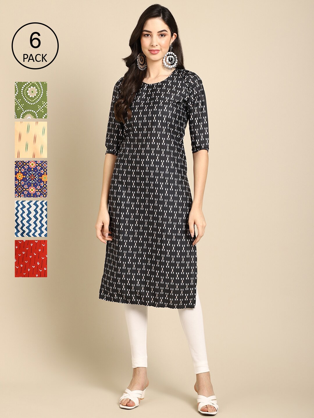 

Ethnic basket Women Pack Of 6 Printed Summer Sheers Crepe Kurta, Black