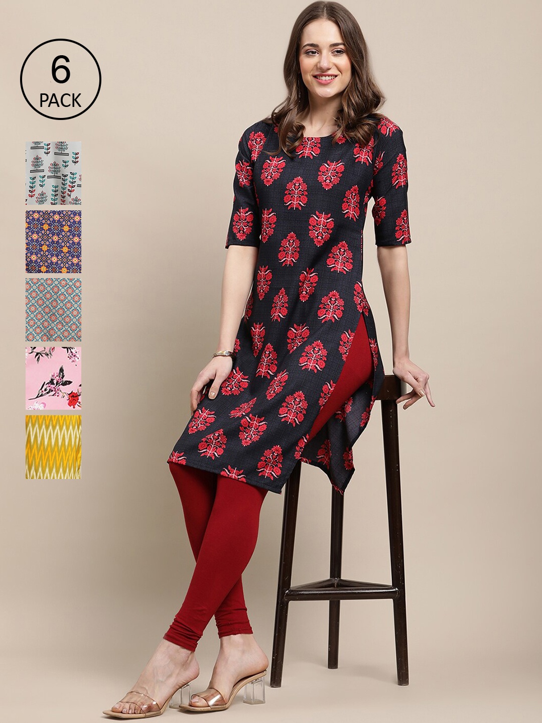 

Ethnic basket Women Pack Of 6 Printed Summer Sheers Crepe Kurta, Navy blue
