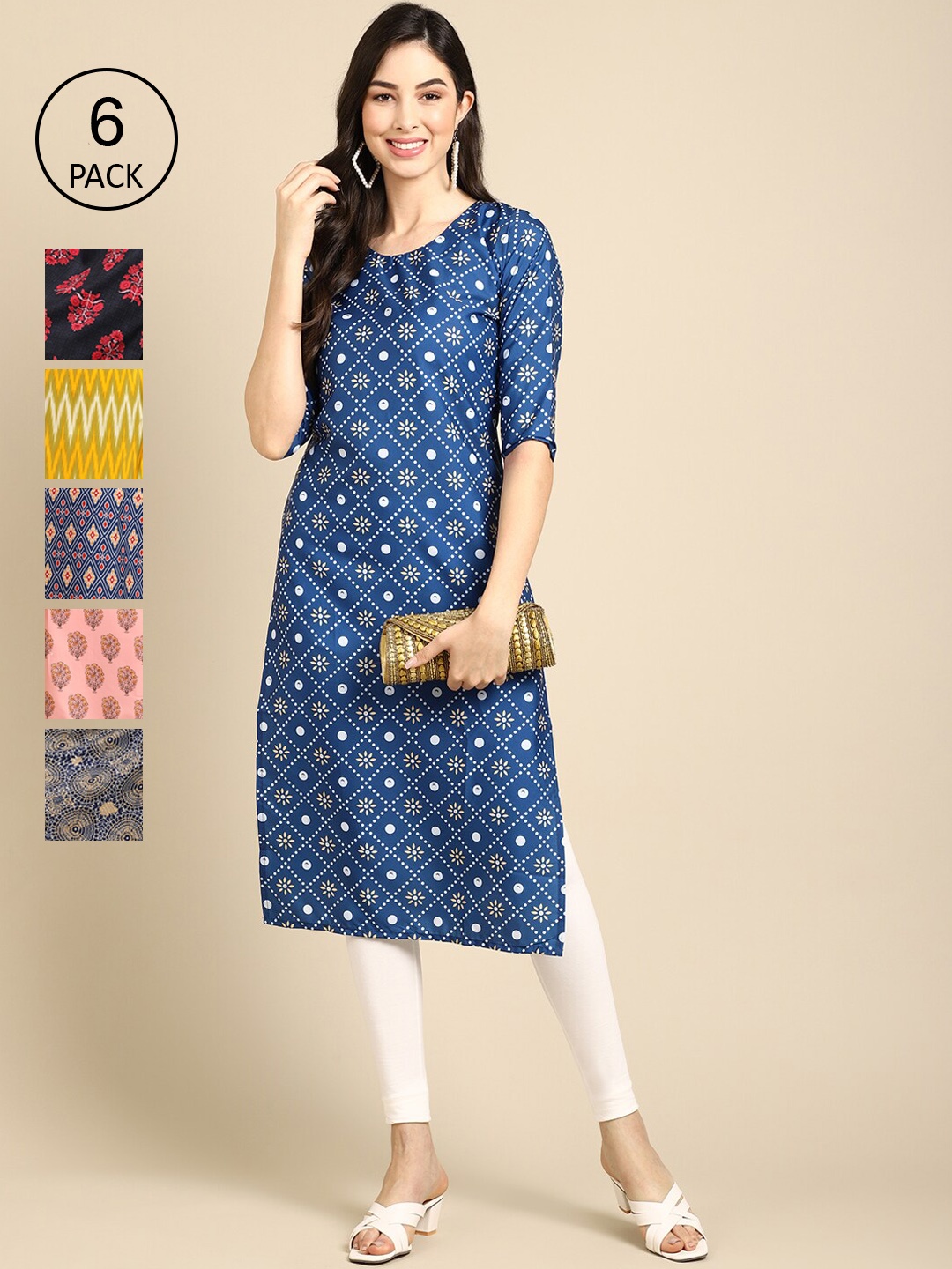 

Ethnic basket Women Pack of 6 Ethnic Motifs Printed Crepe Kurta, Multi