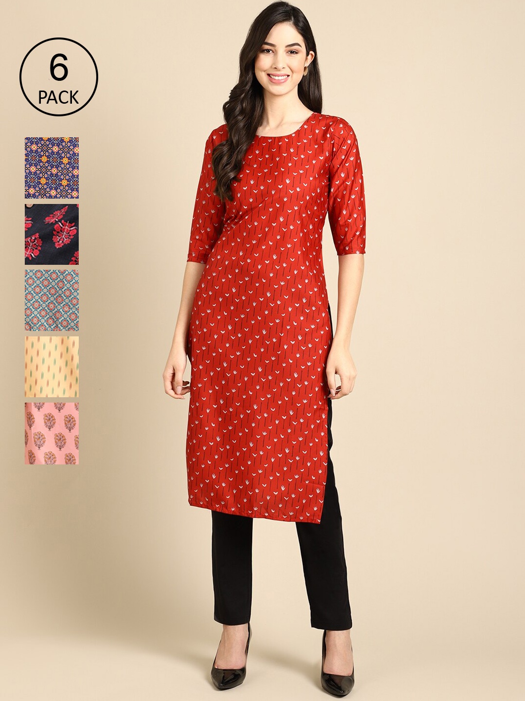 

Ethnic basket Women Pack of 6 Geometric Printed Crepe Kurta, Multi