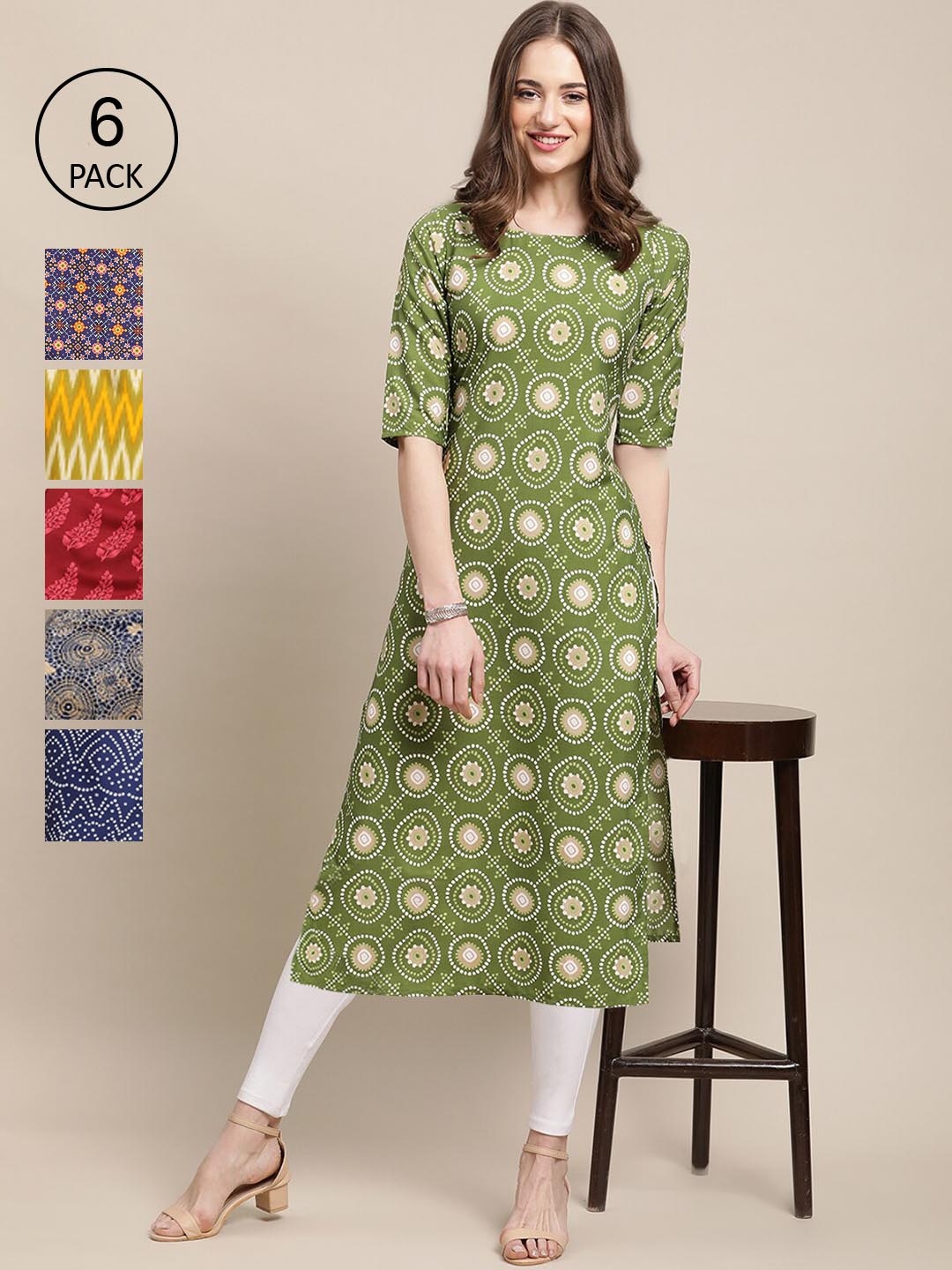 Ethnic basket Pack Of 6 Women Printed Crepe Kurta, Green