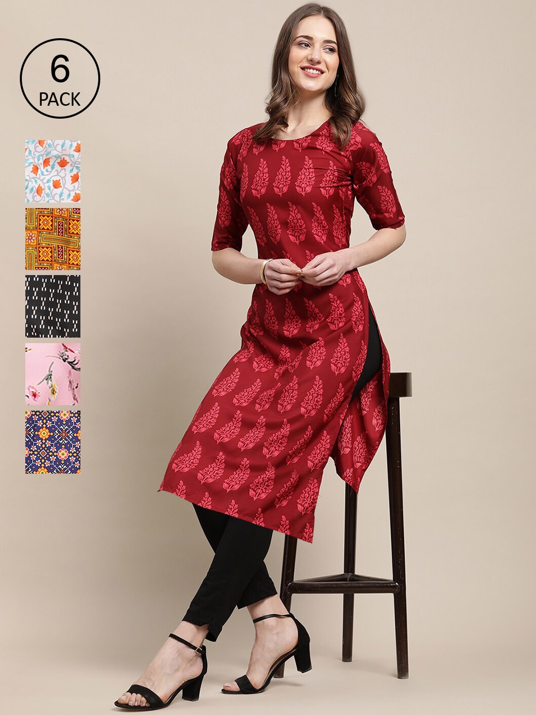 

Ethnic basketPack Of 6 Women Printed Crepe Kurta, Red