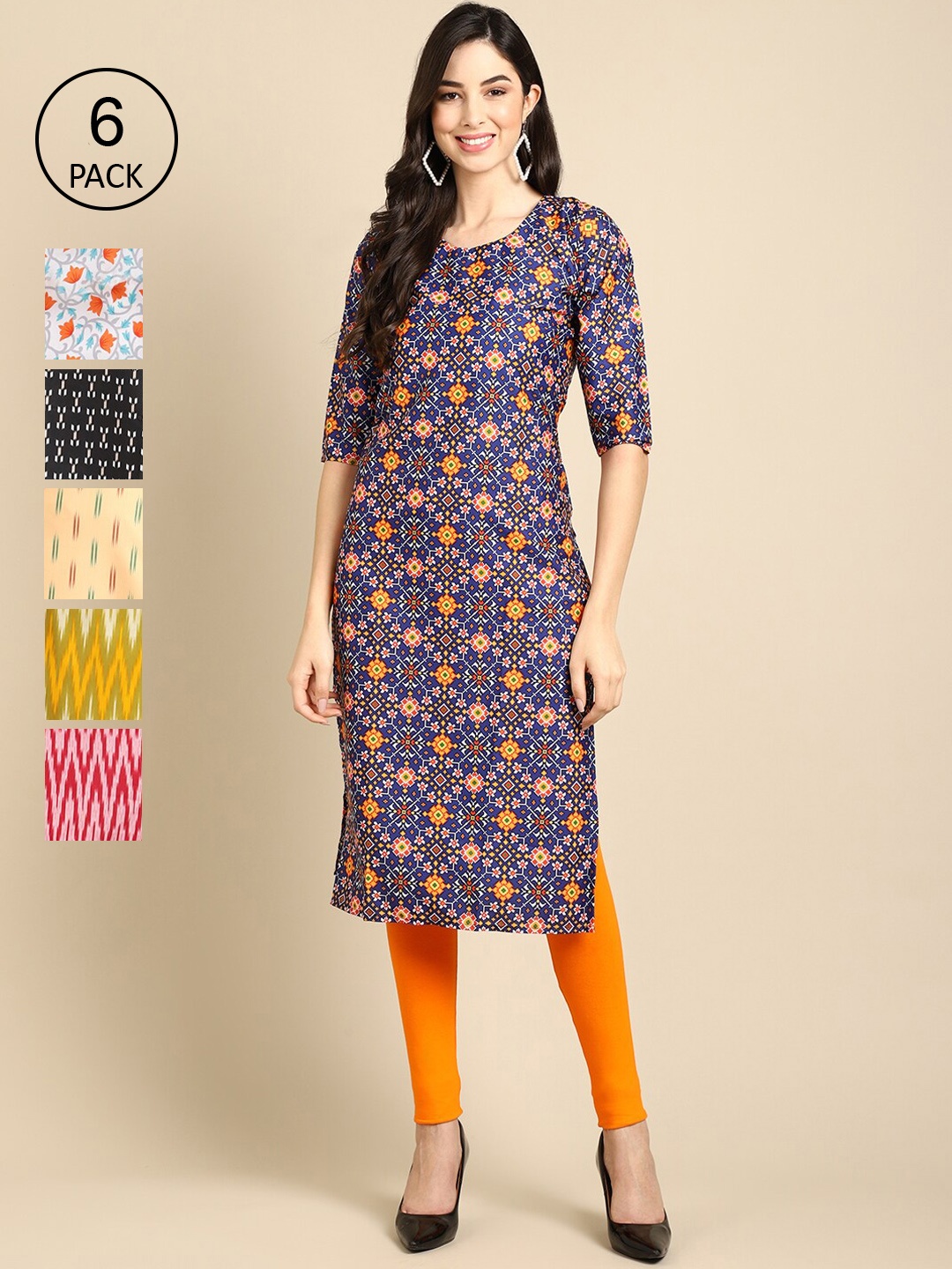 

Ethnic basket Pack Of 6 Women Printed Crepe Kurta, Blue