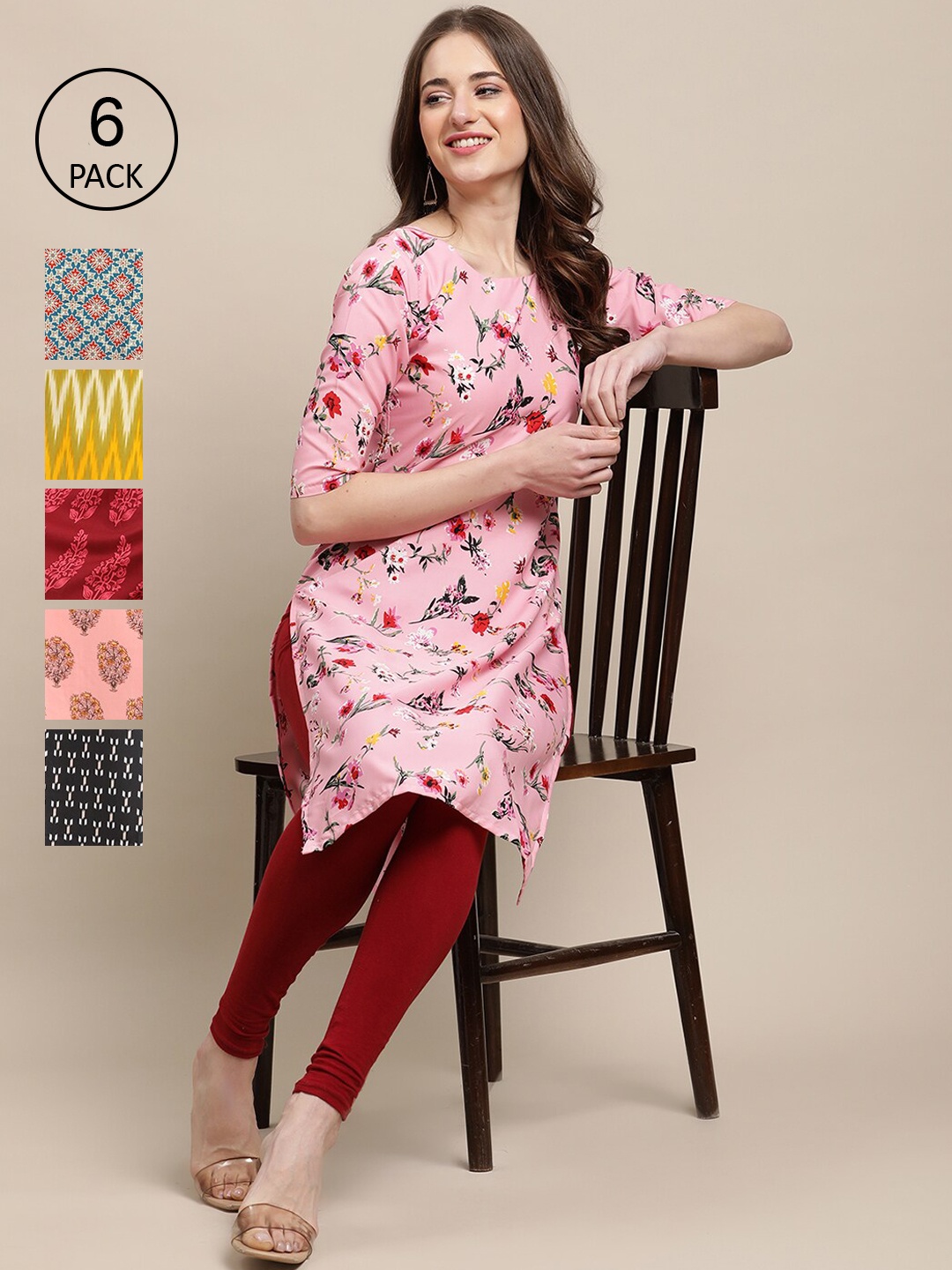 

Ethnic basket Women Pink And Black Crepe Kurta PACK OF 6, Red