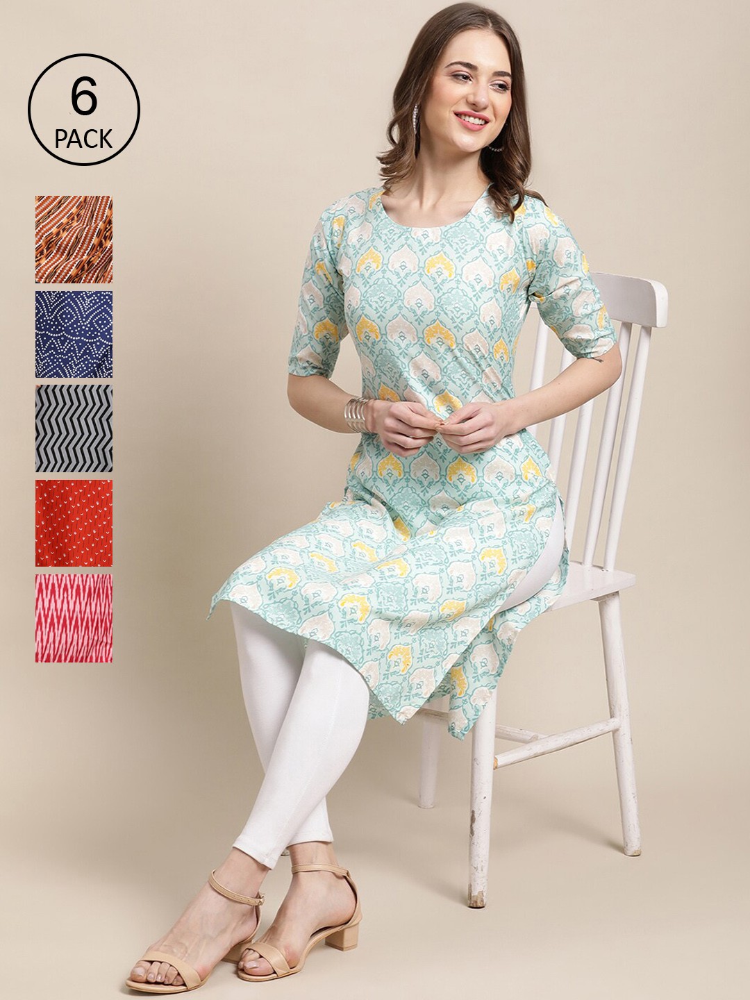 Ethnic basket Women Blue And Red Summer Sheers Crepe Kurta PACK OF 6, Green