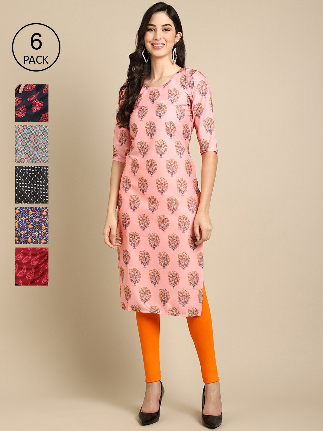 

Ethnic basket Women Coral And Black Crepe Kurta PACK OF 6