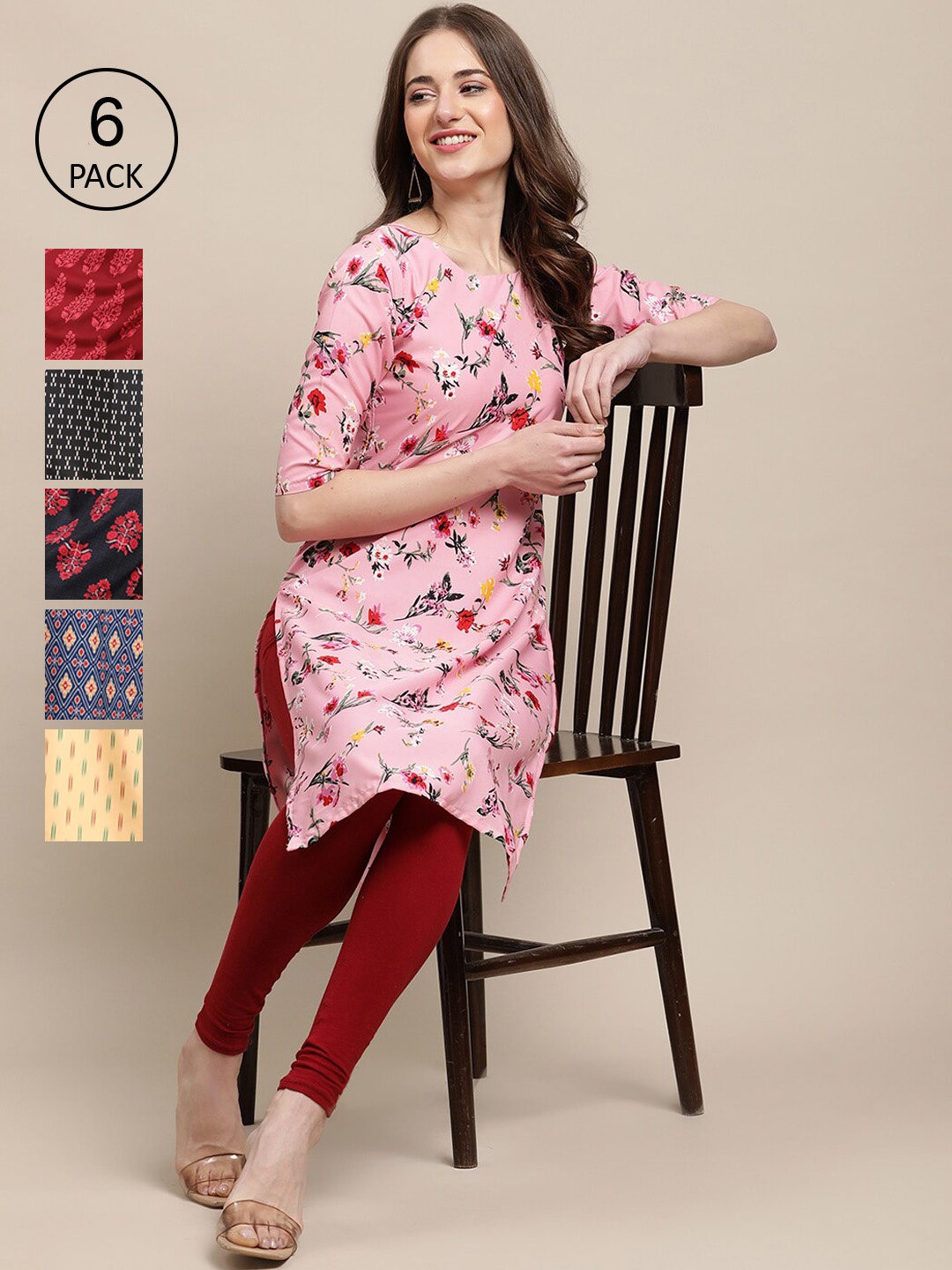 

Ethnic basket Women Set Of 6 Pink & Blue Ethnic Motifs Printed Crepe Kurta