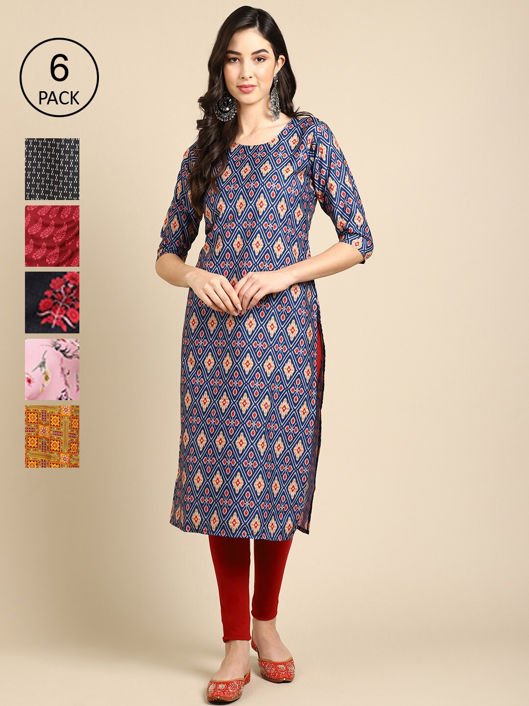 

Ethnic basket Women Set Of 6 Blue & Red Floral Printed Crepe Kurta
