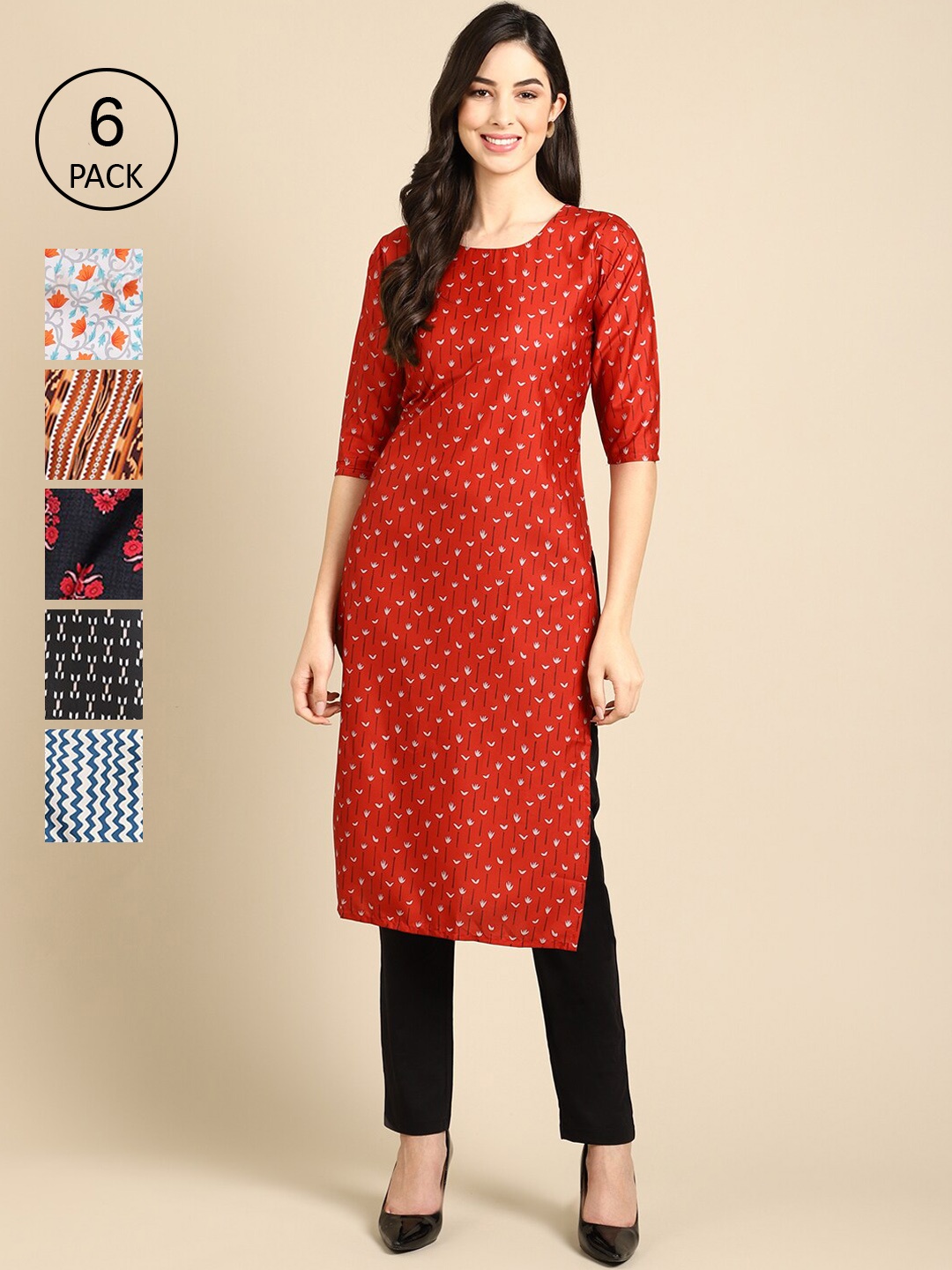 

Ethnic basket Women Set Of 6 Red & Blue Floral Printed Crepe Kurta