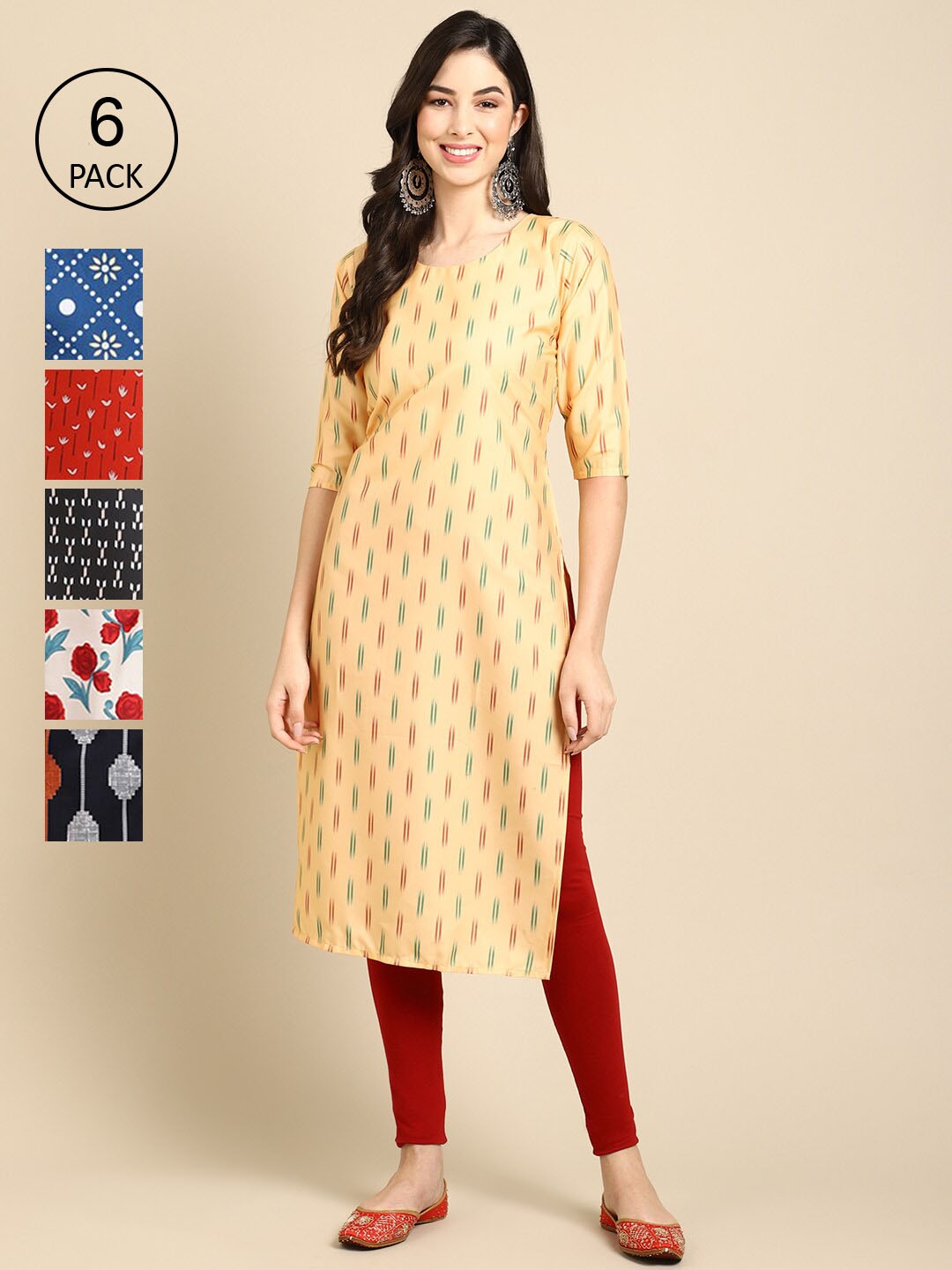 

Ethnic basket Women Pack Of 6 Ethnic Motifs Printed Crepe Kurta, Yellow