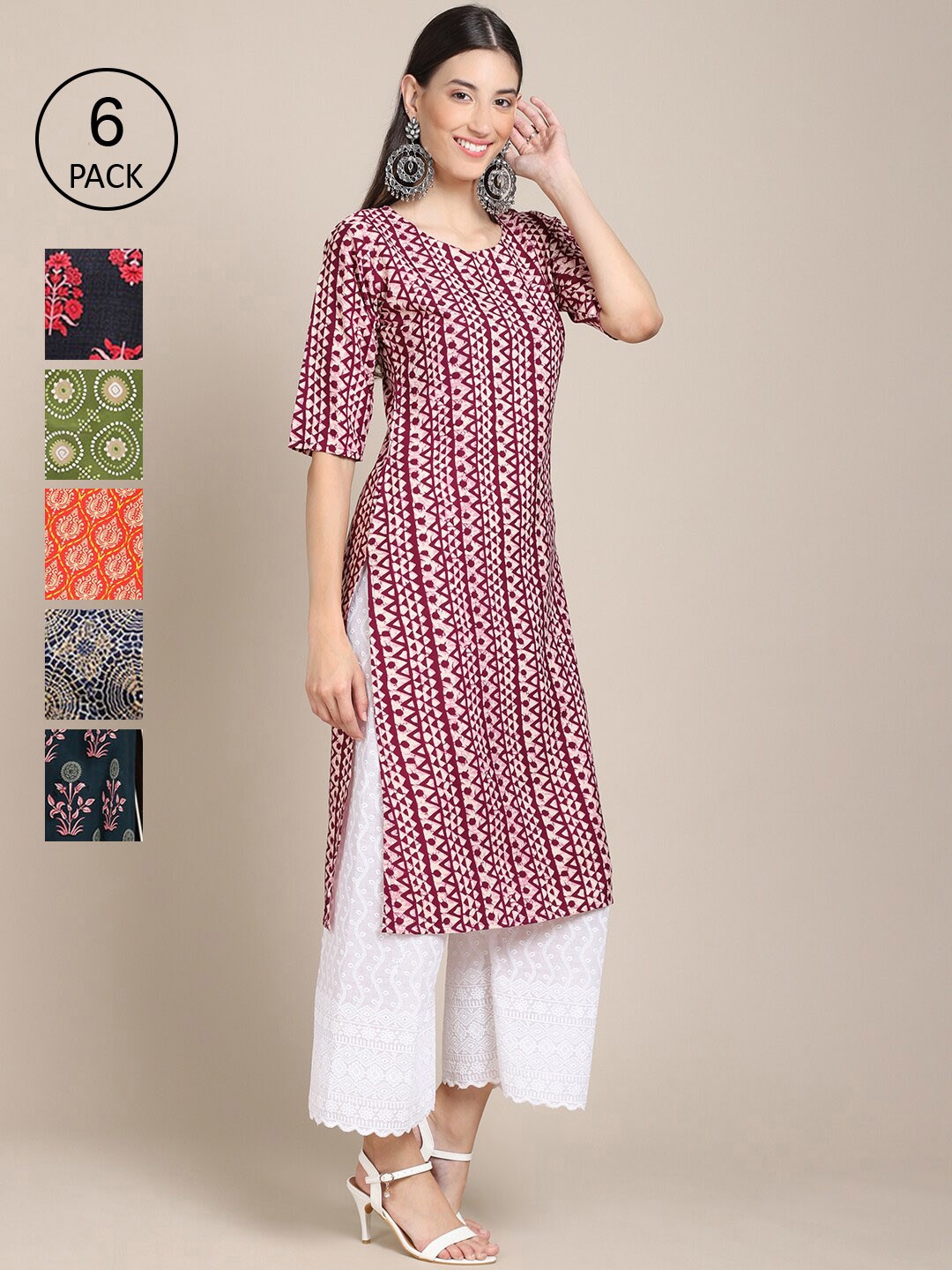 

Ethnic basket Women Pack Of 6 Ethnic Motifs Printed Crepe Kurta, Maroon