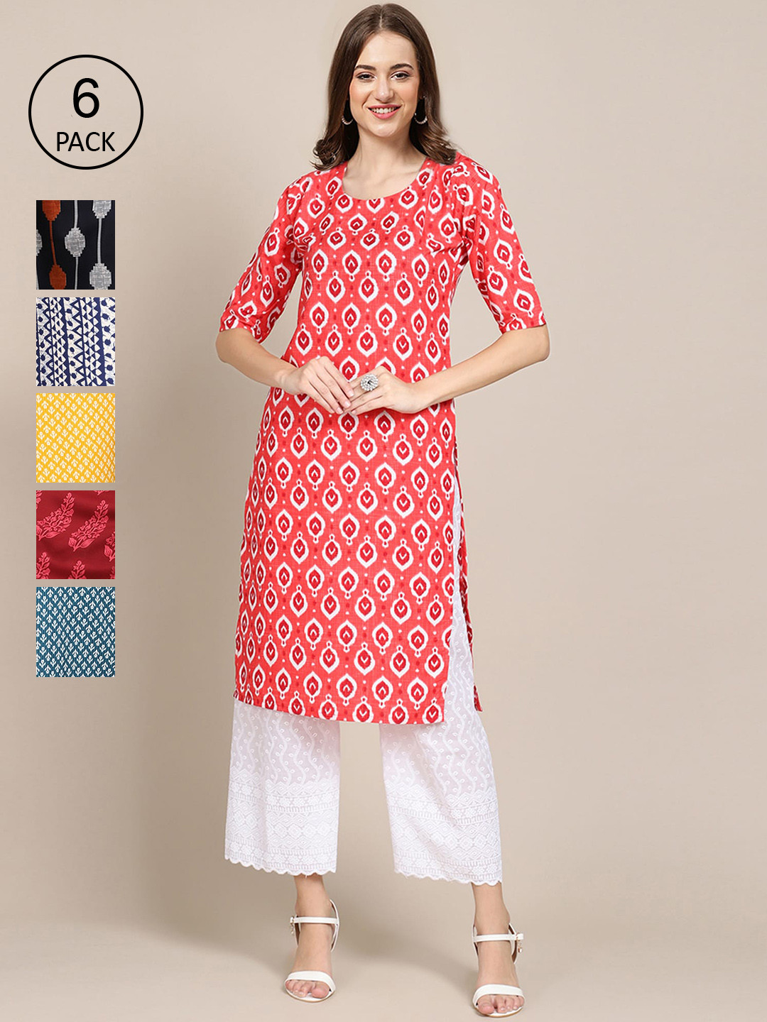 

Ethnic basket Women Pack Of 6 Multicoloured Geometric Printed Crepe Kurta, Multi