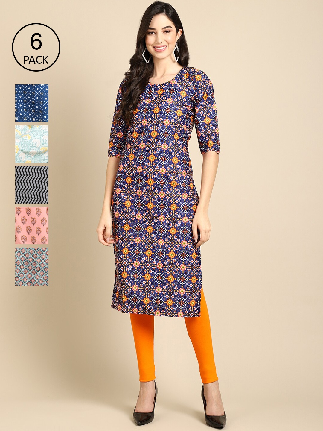 

Ethnic basket Pack Of 6 Women Blue & Orange Printed Crepe Kurta