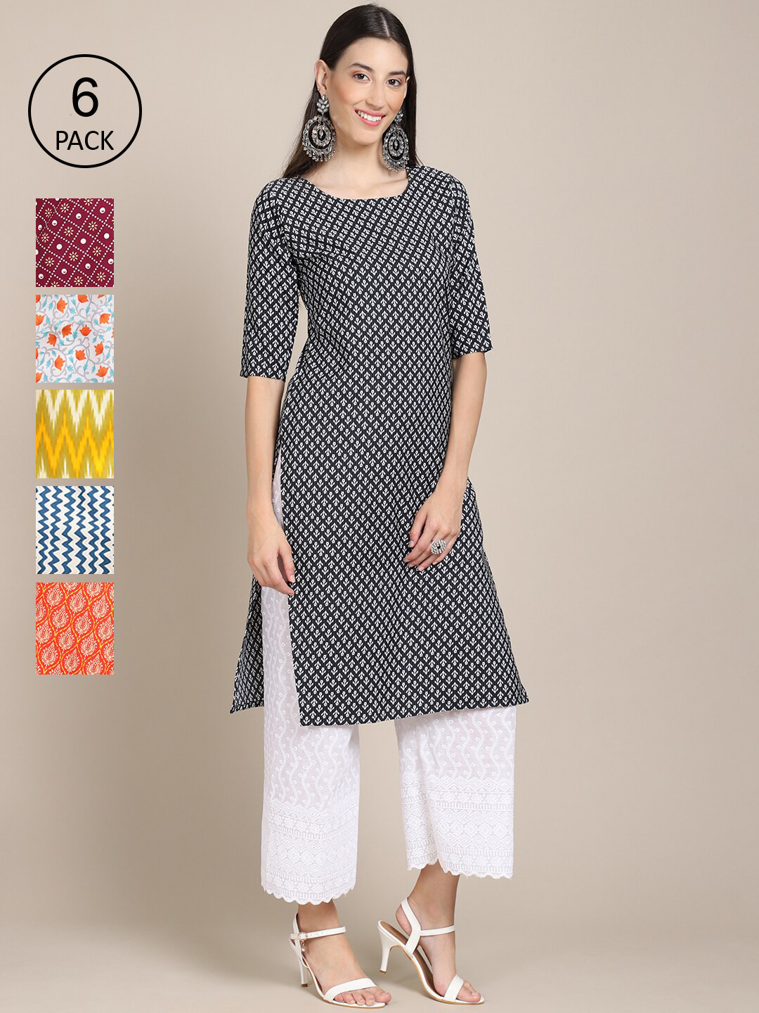 

Ethnic basket Women Pack Of 6 Multicoloured Geometric Printed Crepe Kurta, Multi