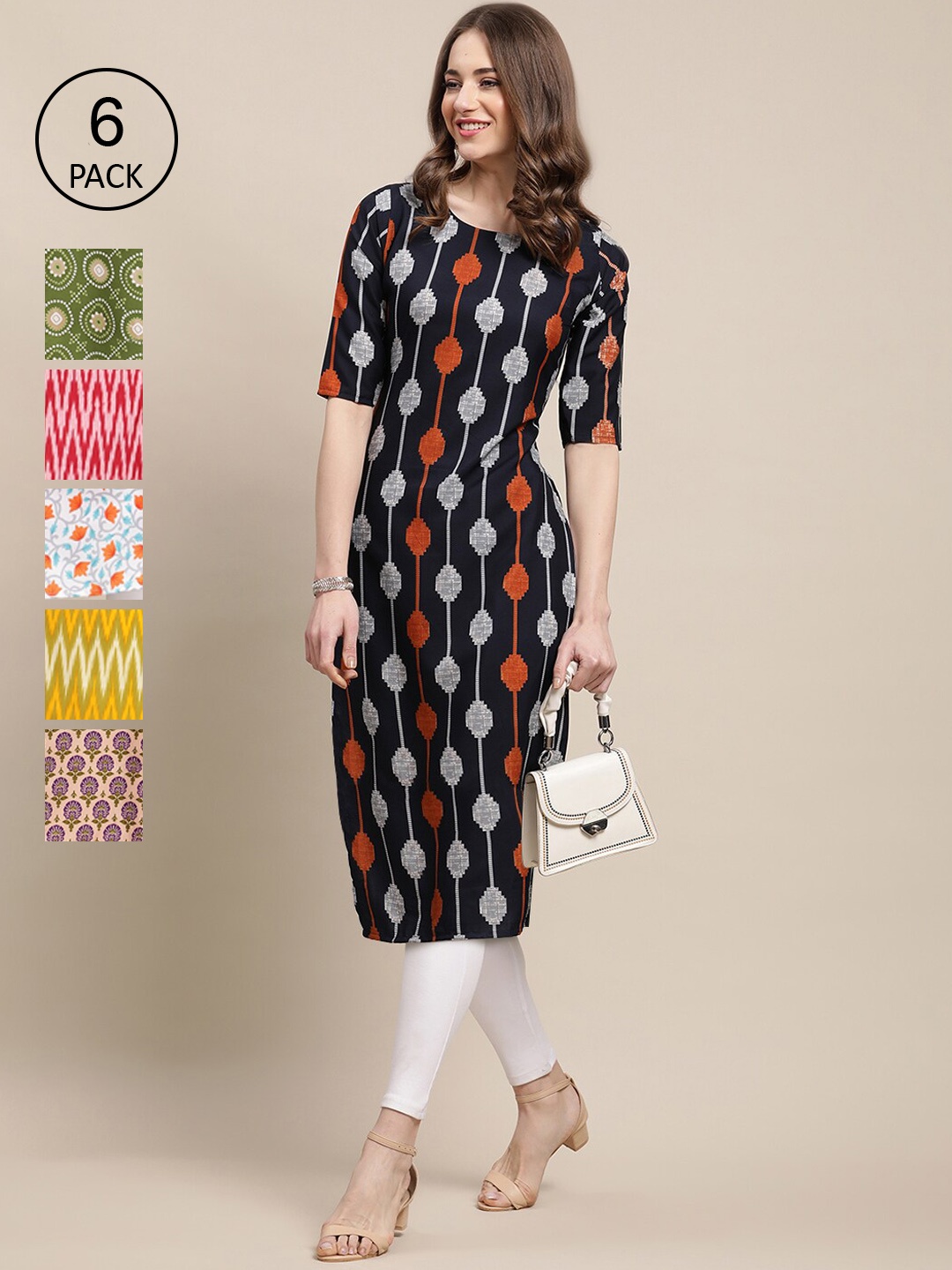 

Ethnic basket Women Pack of 6 Digital Printed Crepe Straight Kurtas, Black