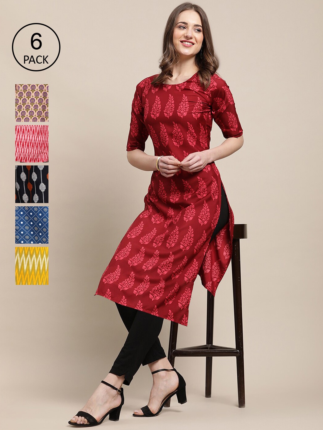 

Ethnic basket Women Pack of 6 Digital Printed Crepe Straight Kurta, Red