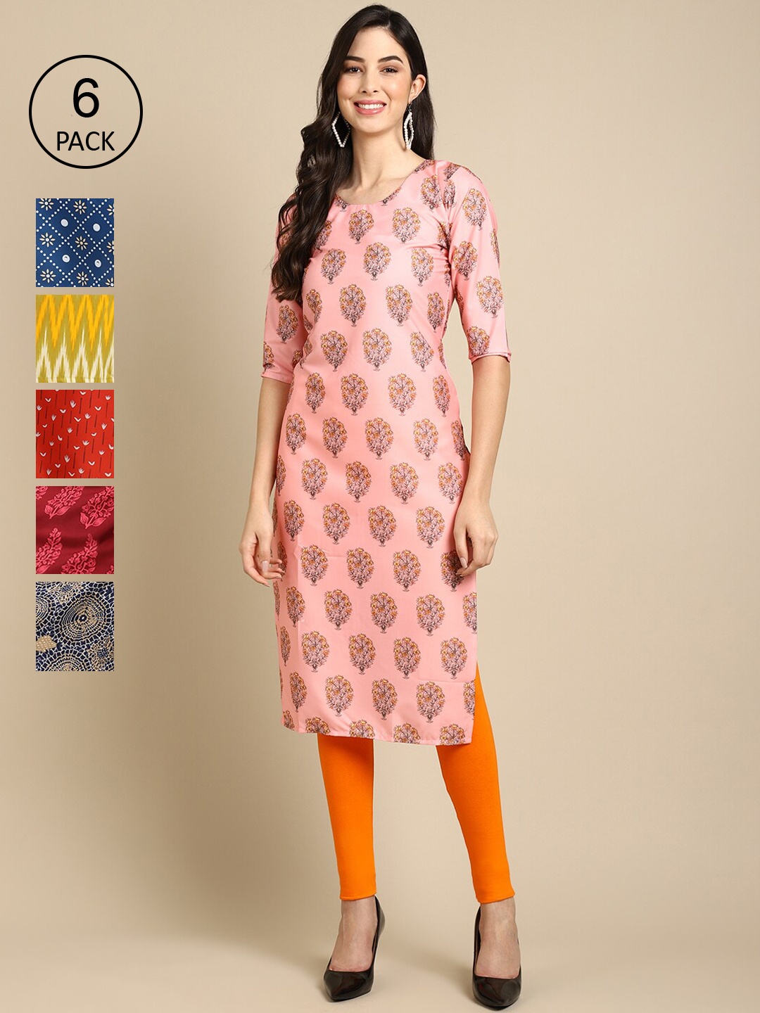 

Ethnic basket Women Pack Of 6 Geometric Printed Block Print Crepe Kurta, Multi