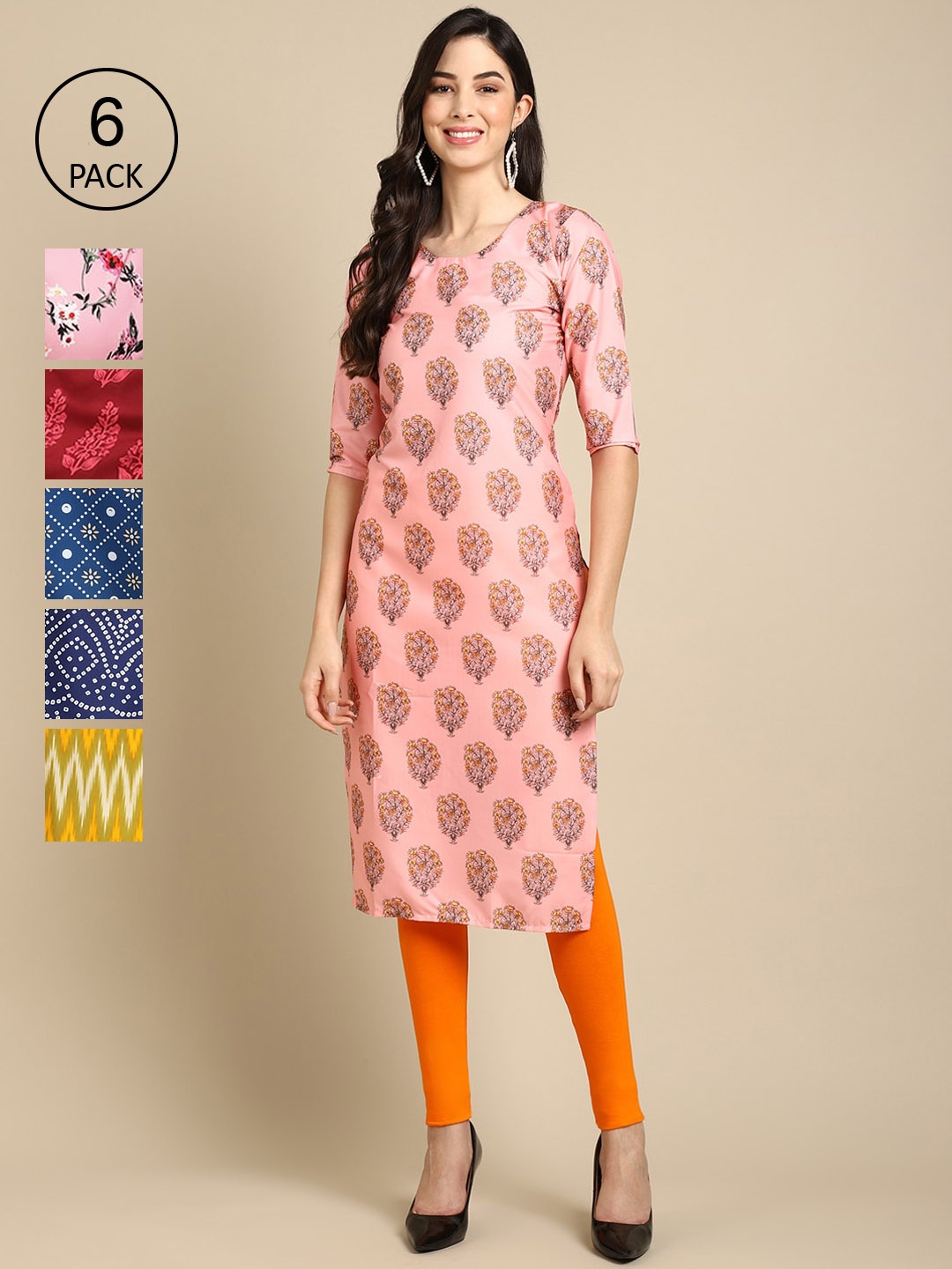 

Ethnic basket Women Pack Of 6 Ethnic Motifs Printed Block Print Crepe Kurta, Multi