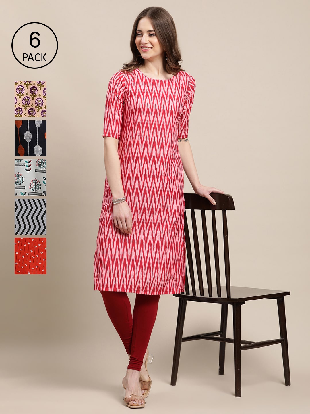 

Ethnic basket Women Pack Of 6 Geometric Printed Block Print Crepe Kurta, Multi