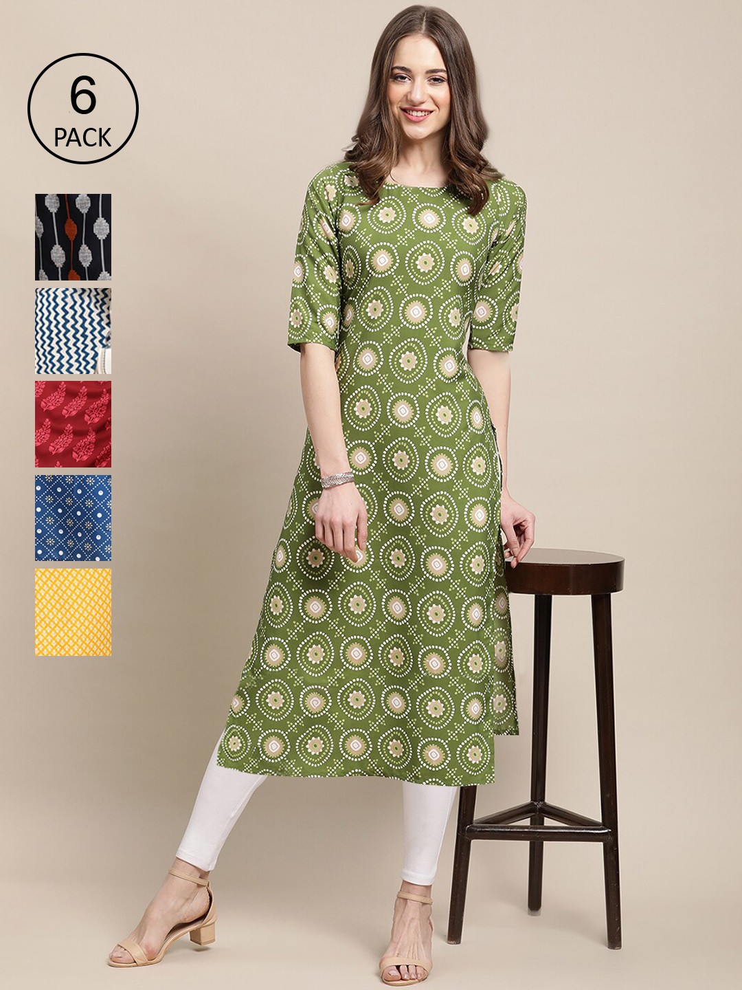 

Ethnic basket Women Pack Of 6 Geometric Printed Block Print Crepe Kurta, Multi
