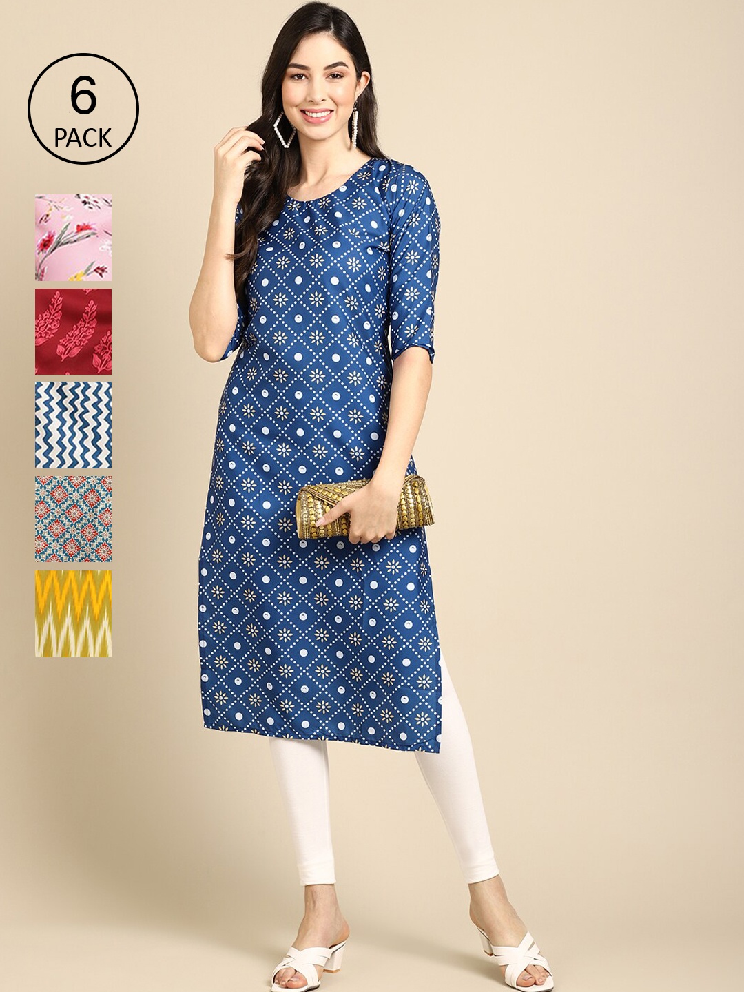 

Ethnic basket Women Pack Of 6 Printed Summer Sheers Crepe Kurta, Blue