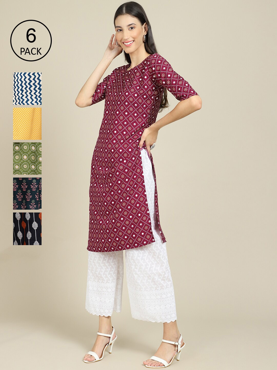 

Ethnic basket Women Pack Of 6 Printed Summer Sheers Crepe Kurta, Yellow