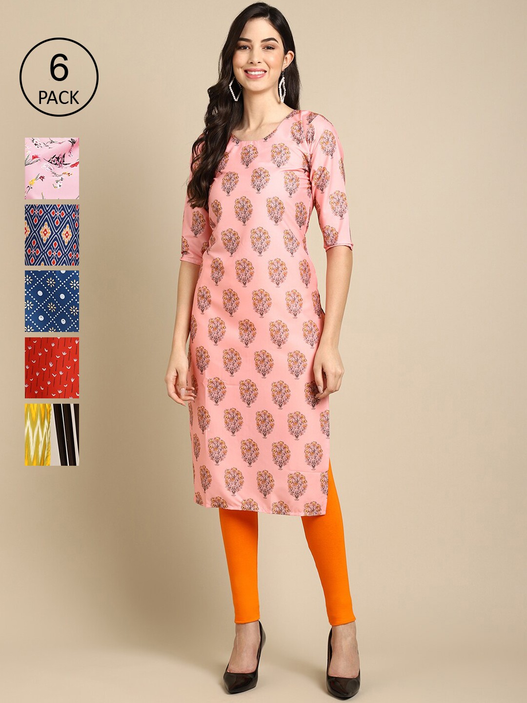 

Ethnic basket Women Pack Of 6 Geometric Printed Thread Work Block Print Crepe Kurta, Pink
