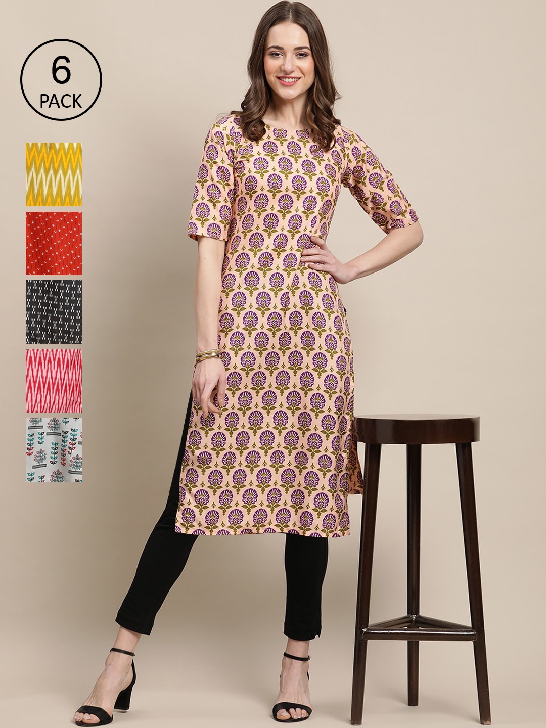 

Ethnic basket Women Pack Of 6 Geometric Printed Block Print Crepe Kurta, Cream