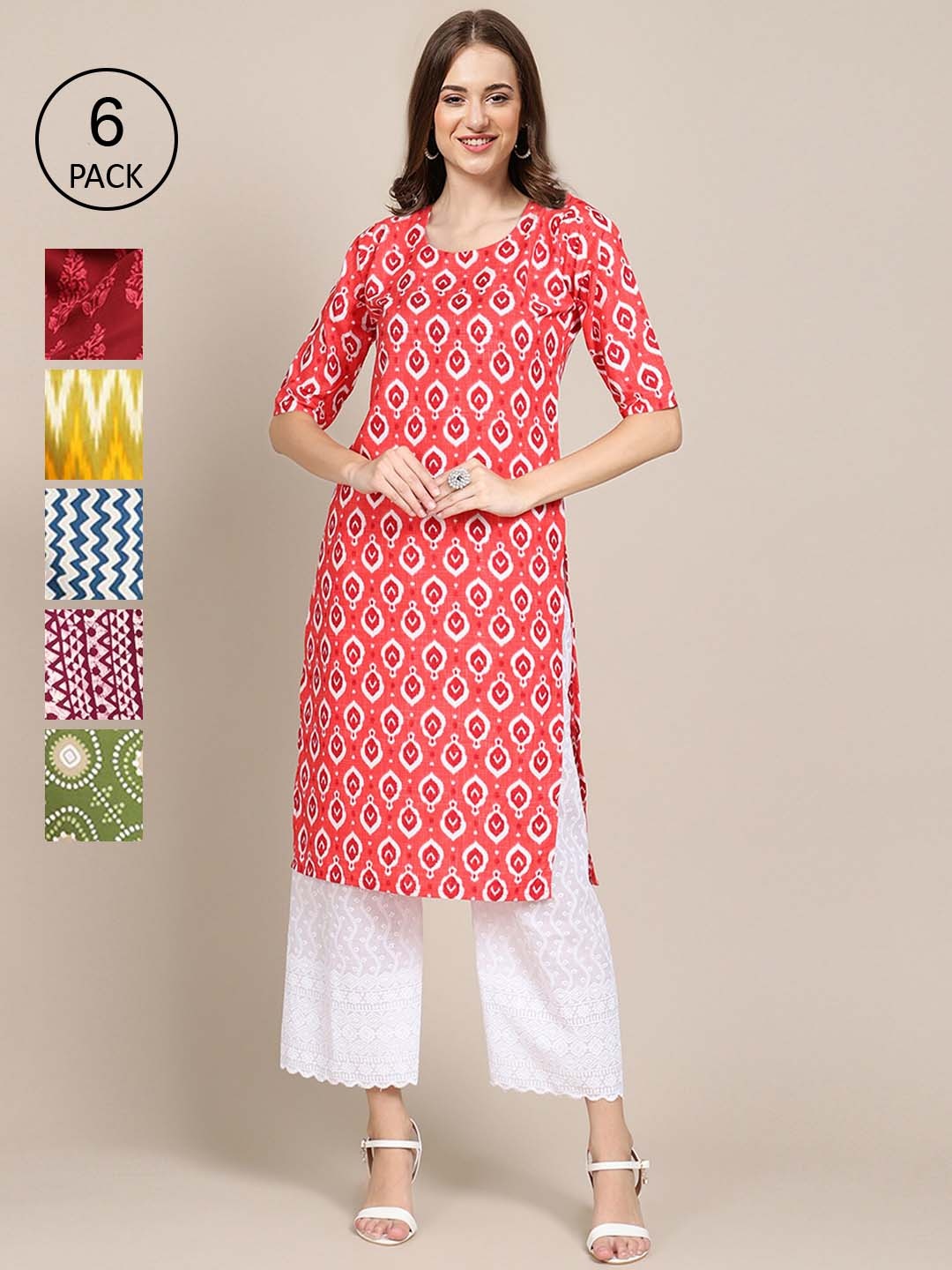 

Ethnic basket Women Pack Of 6 Geometric Printed Block Print Crepe Kurta, Pink