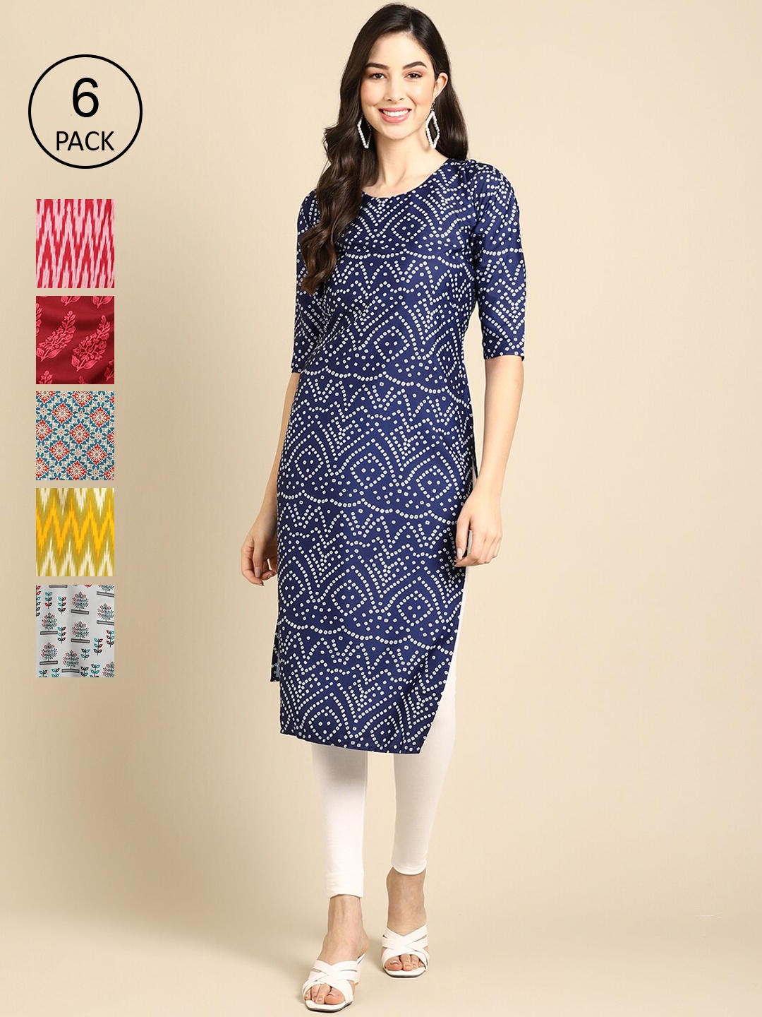 

Ethnic basket Women Blue & Red Pack Of 6 Geometric Printed Crepe Kurtas