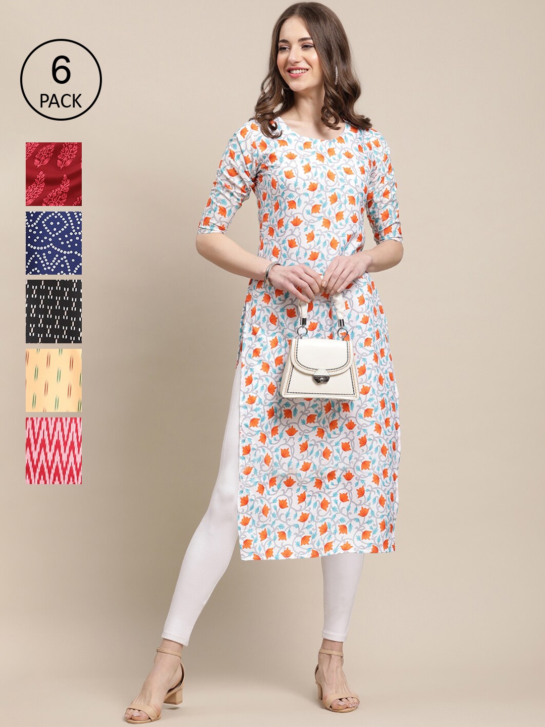 

Ethnic basket Women Red & Blue Pack Of 6 Geometric Printed Crepe Kurtas