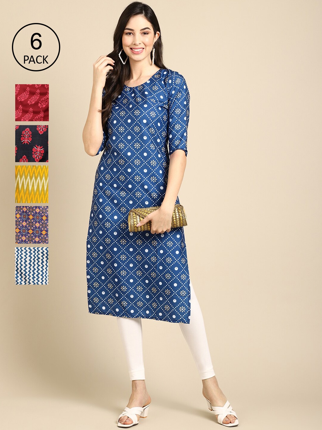 

Ethnic basket Women Blue & Red Pack Of 6 Geometric Printed Crepe Kurtas