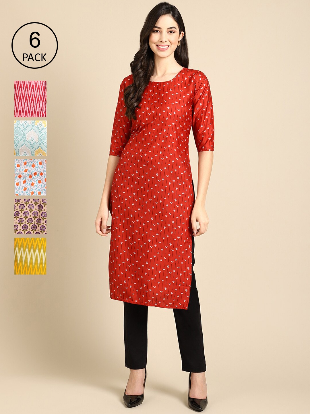 

Ethnic basket Women Red & Yellow Pack Of 6 Floral Printed Crepe Kurtas