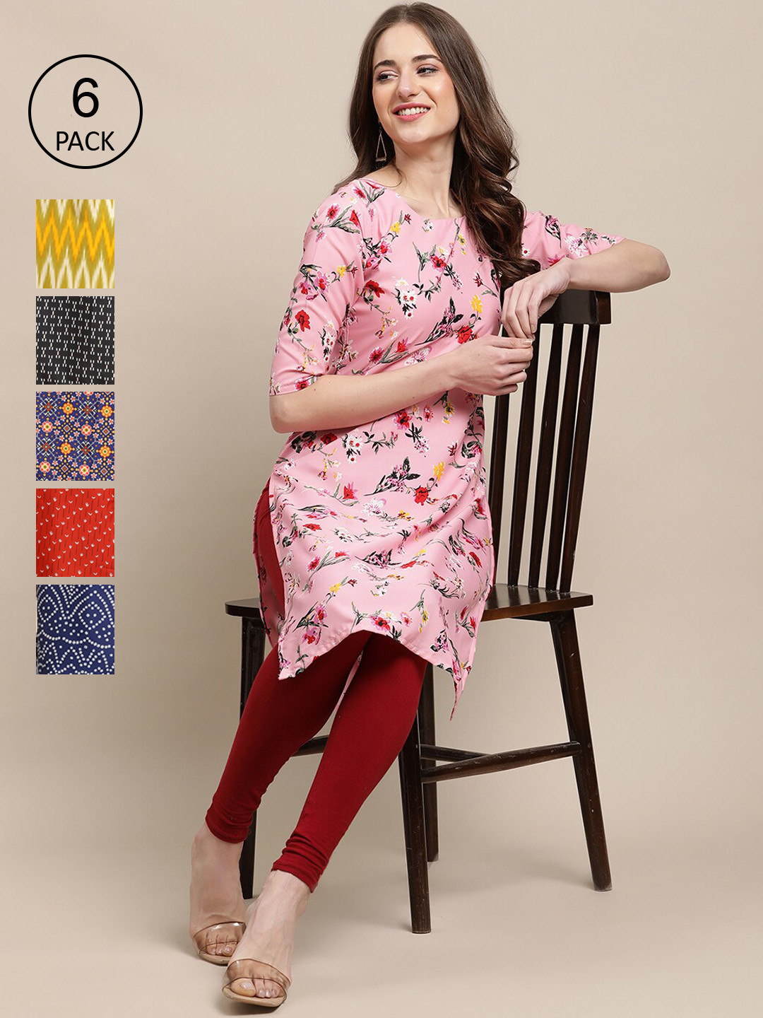 

Ethnic basket Women Multicoloured Geometric Checked Keyhole Neck Summer Sheers Crepe Kurta, Multi
