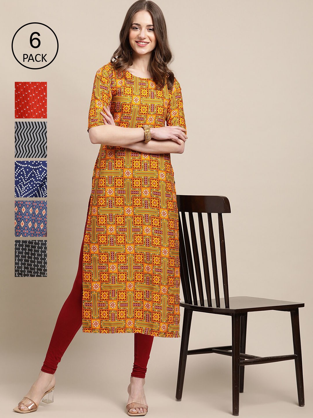 

Ethnic basket Women Pack of 6 Printed Crepe Kurtas, Multi