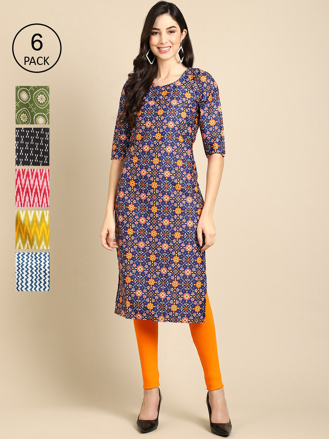 

Ethnic basket Pack of 6 Women Printed Straight Crepe Kurta, Multi