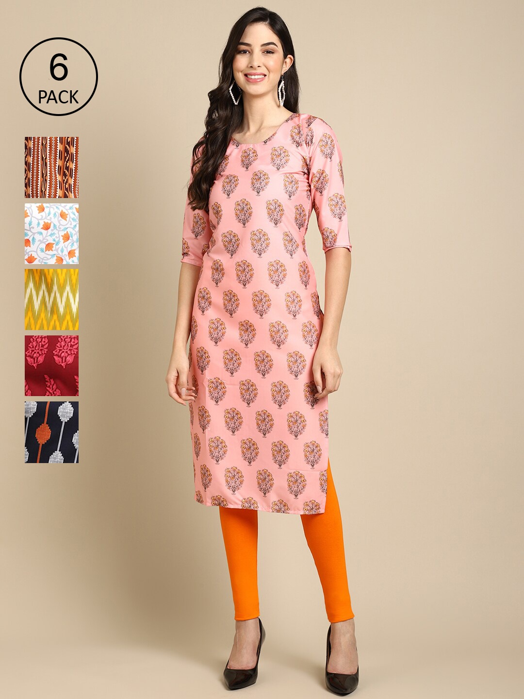 

Ethnic basket Pack of 6 Women Printed Straight Crepe Kurta, Multi