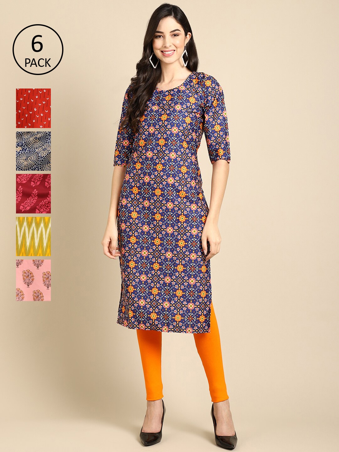 

Ethnic basket Pack of 6 Women Printed Straight Crepe Kurta, Red