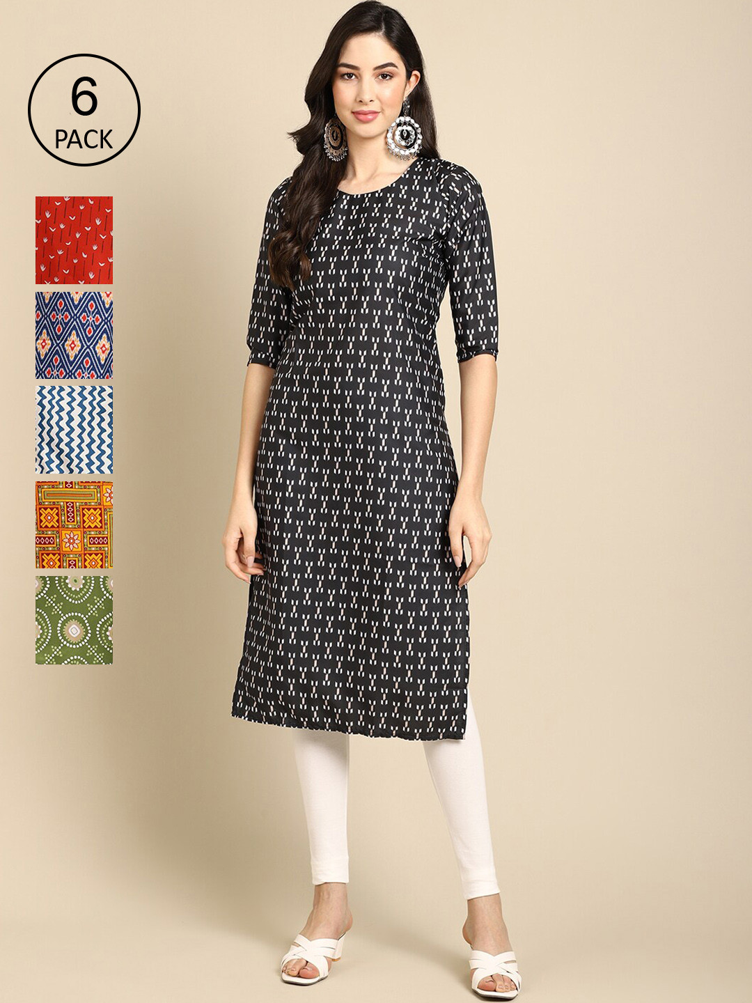 

Ethnic basket Pack Of 6 Women Red & Black Ethnic Motifs Printed Summer Sheers Crepe Kurta