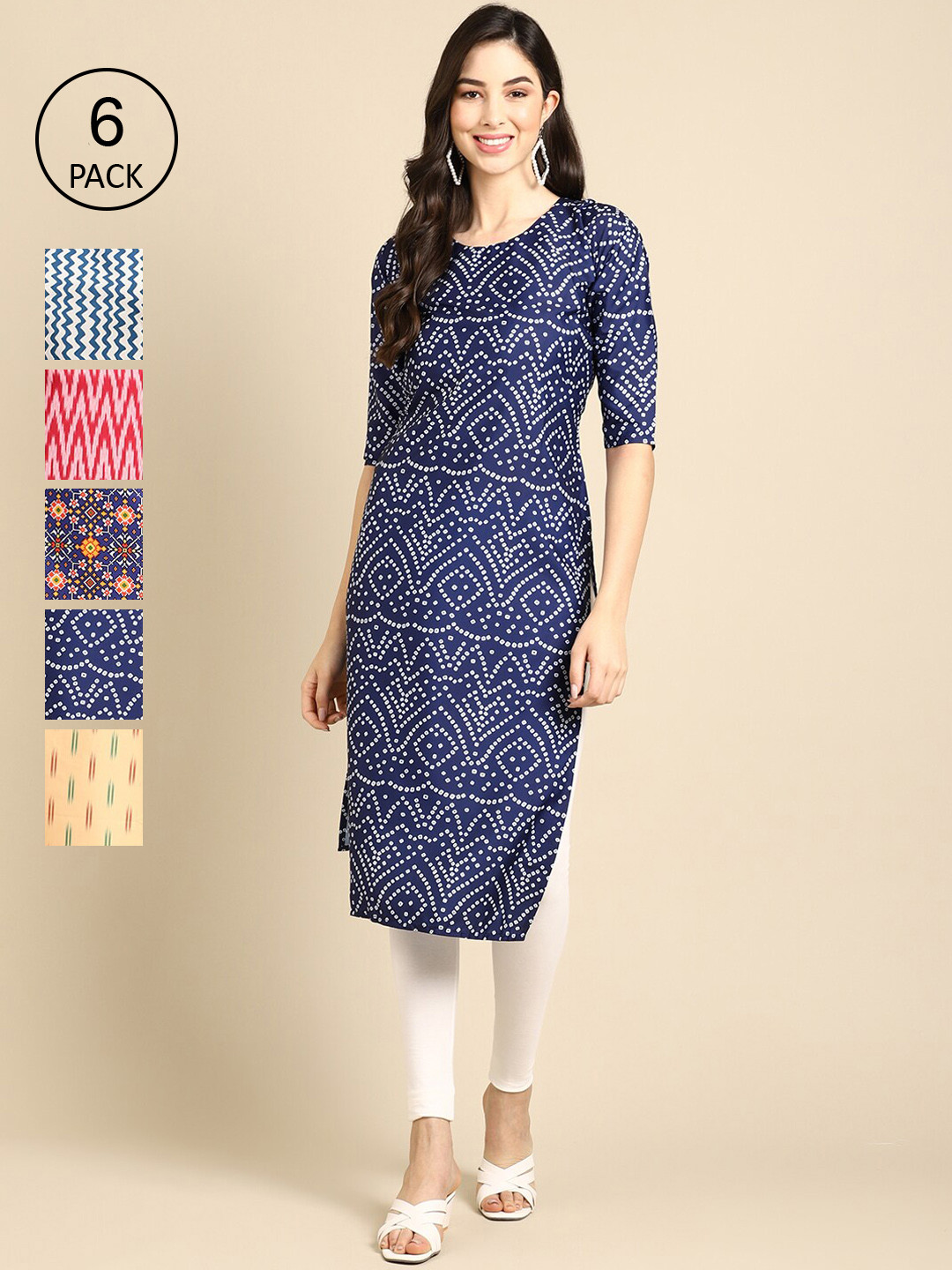 

Ethnic basket Pack of 6 Women Ethnic Motifs Printed Summer Sheers Crepe Kurta, Blue