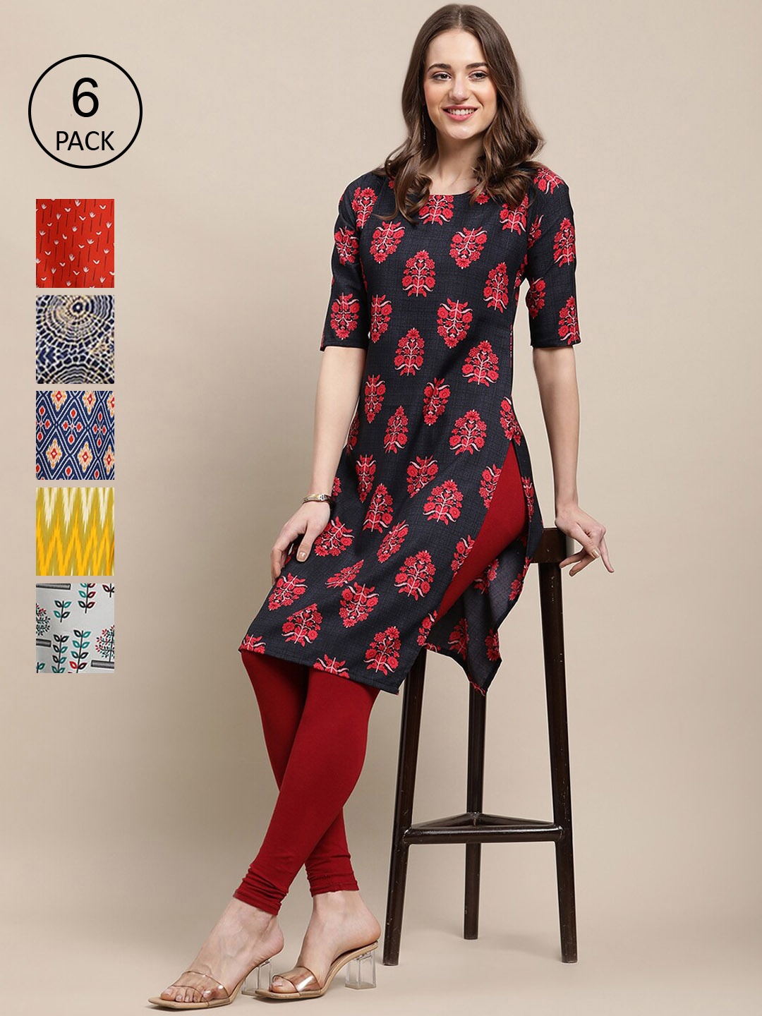 

Ethnic basket Pack Of 6 Women Ethnic Motifs Printed Summer Sheers Crepe Kurta, Red